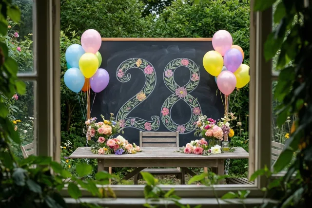 Door een raam is een tuintafel te zien met een krijtbord waarop 28 en bloemmotieven staan, omringd door kleurrijke ballonnen en bloemstukken.