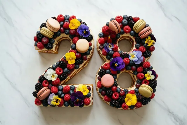 Een taart in de vorm van 28 is versierd met bessen, macarons en eetbare bloemen op een witmarmeren ondergrond.