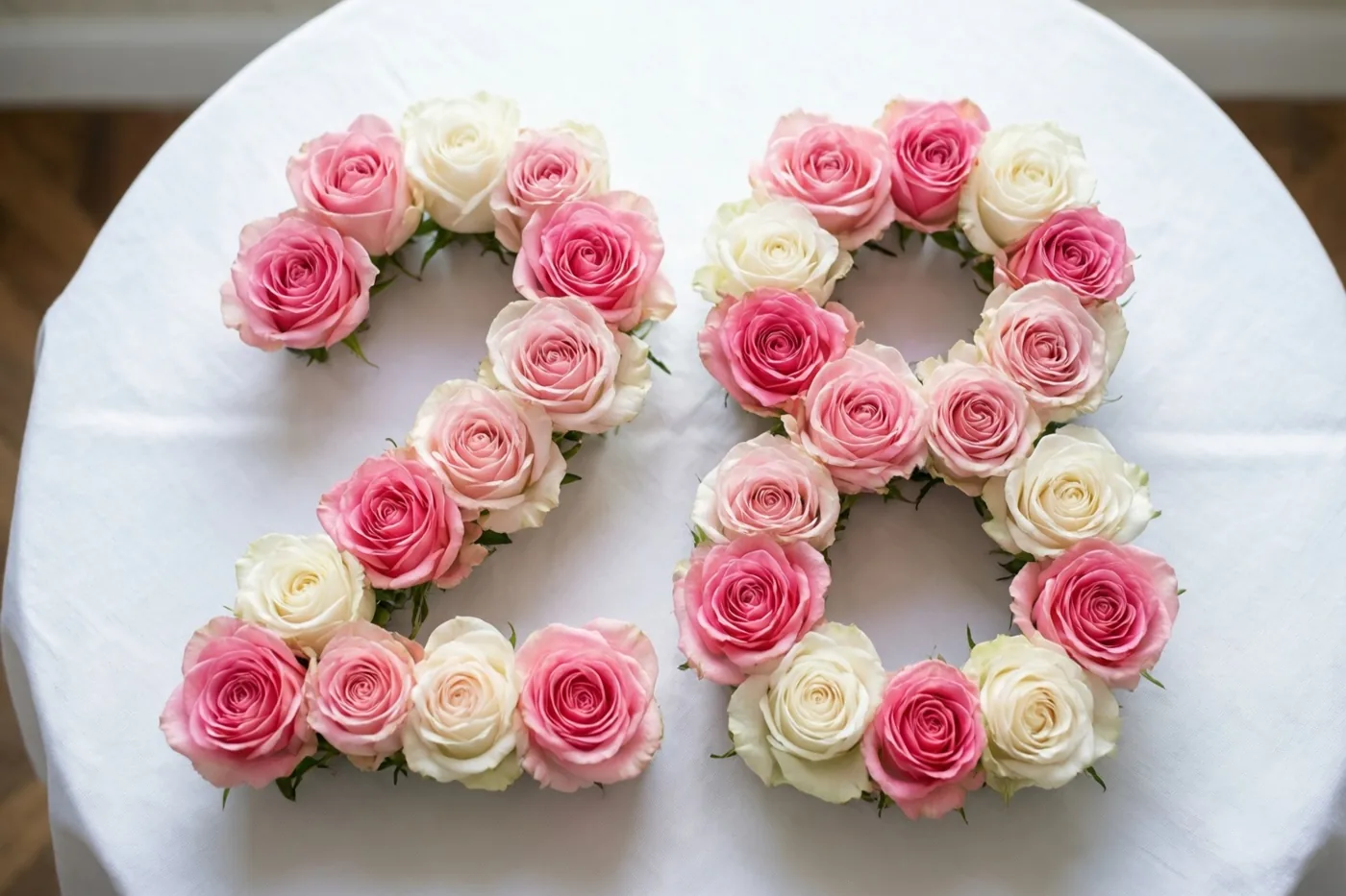 Het getal 28 is gelegd met roze en roomwitte rozen op een wit tafelkleed, van bovenaf gezien.