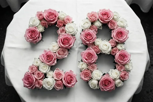 Roze en witte rozen vormen het getal 28 op een wit tafelkleed, recht van bovenaf gezien.