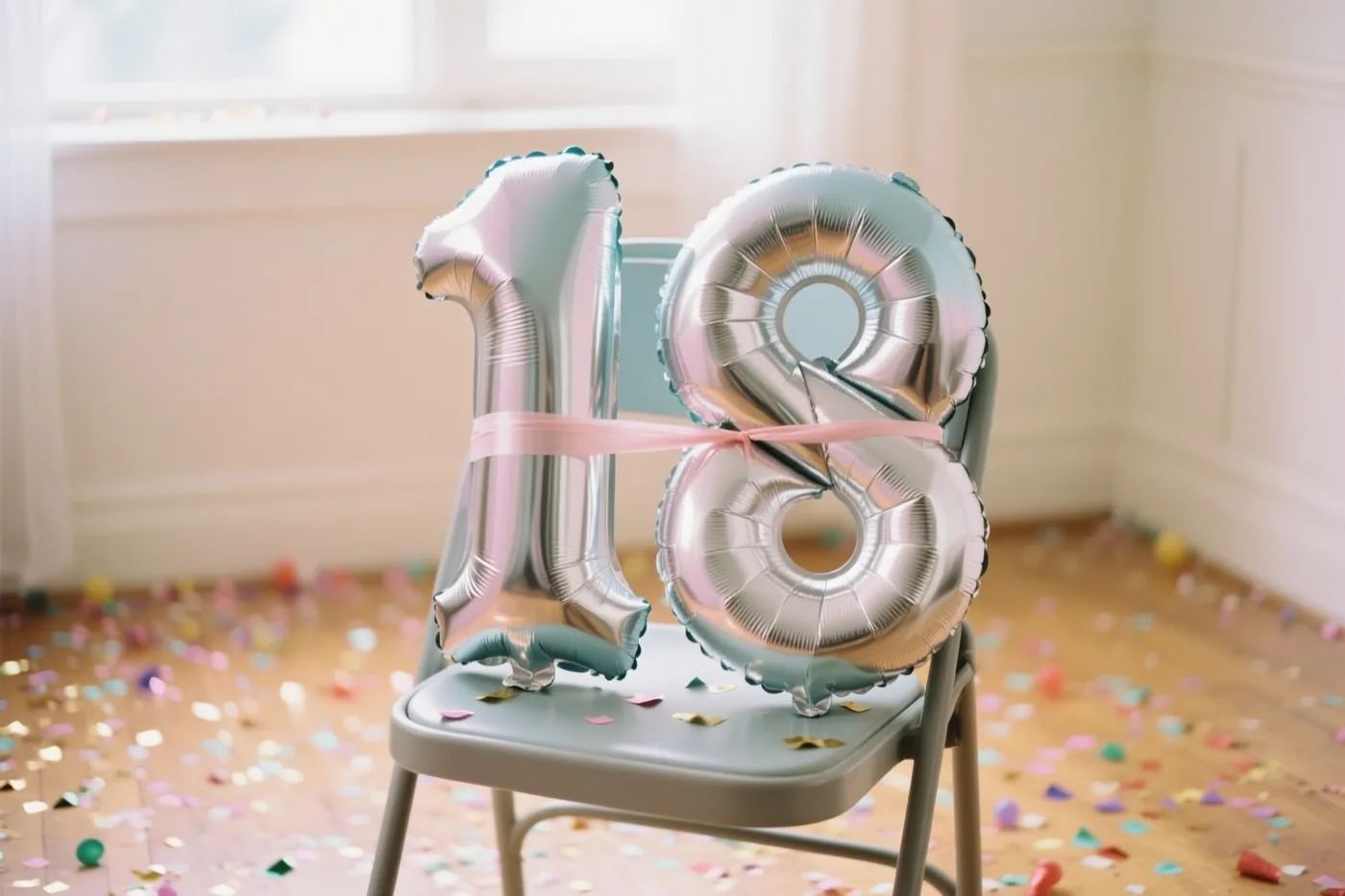 Zilveren en pastelkleurige cijferballonnen vormen 18 en zijn met een roze lint aan een stoel vastgemaakt in een lichte kamer met confetti op de vloer.