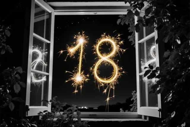 Door een open raam met donkere bladeren errond zijn gouden lichtsporen van sterretjes te zien die 18 vormen in de nachtlucht.
