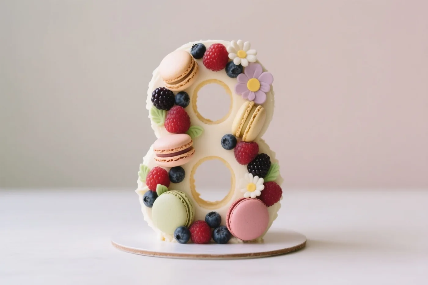 Een taart in de vorm van een 8 met macarons, bessen en eetbare bloemen staat op een wit oppervlak tegen een zachte, neutrale achtergrond.