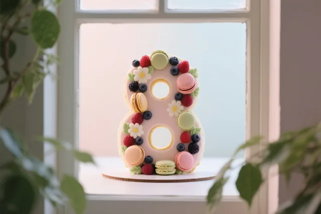 Een taart in de vorm van een 8, versierd met bessen, macarons en eetbare bloemen, staat op een vensterbank in zacht daglicht.