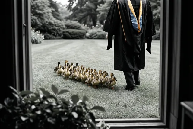 Een afgestudeerde in een zwarte toga met blauw-gouden stola staat met de rug naar de kijker op het gras, gevolgd door eendjes en omlijst door een raam- of deuropening, met planten vooraan en bomen achteraan.