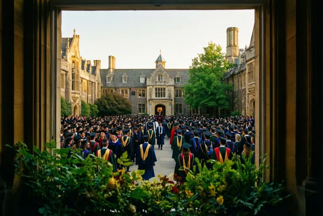Een stenen boog biedt uitzicht op een binnenplaats van een universiteit vol afgestudeerden in toga's en hoeden, met historische gebouwen en bomen in warm gouden licht.