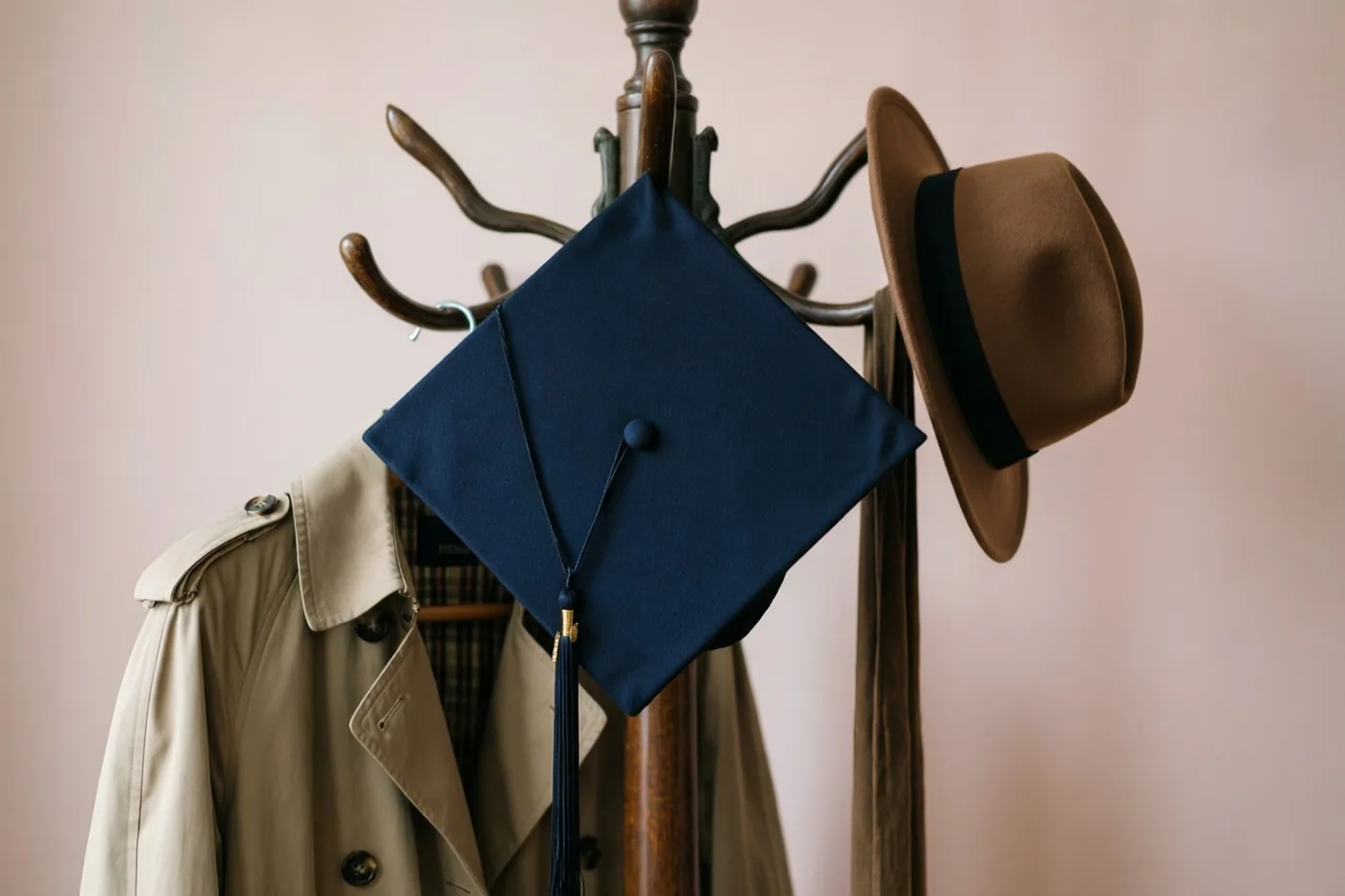 Een donkerblauwe afstudeerhoed hangt aan een houten kapstok naast een beige trenchcoat en een bruine vilten hoed, tegen een zachtroze muur.