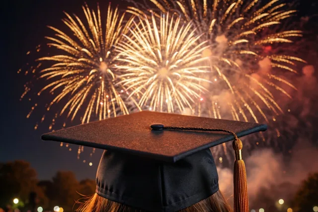 Boven een van achteren gefotografeerde afstudeerhoed barst vuurwerk los in een nachtelijke hemel met zwarte, gouden en donkerblauwe tinten.