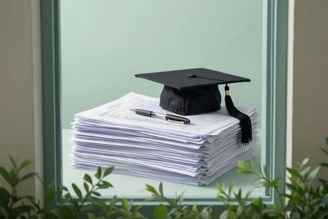 Een afstudeerhoed en een pen liggen op een hoge stapel examenpapieren op een vensterbank, met groene planten vooraan en een lichtgroene muur achteraan.