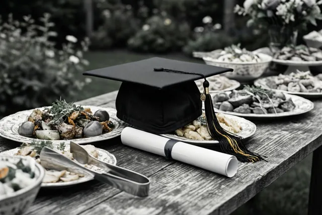 Een afstudeerhoed en een opgerold diploma liggen op een rustieke houten tuintafel met borden eten, in zwart-wit met alleen het kwastje in kleur.