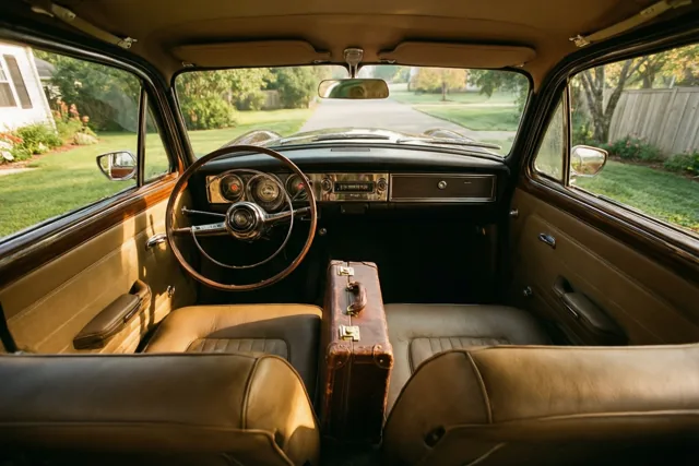 Vanaf de achterbank van een oude auto is een bruine leren aktetas op de voorstoel te zien, met een huis, groene gazons en bomen in warm ochtendlicht achter de ramen.
