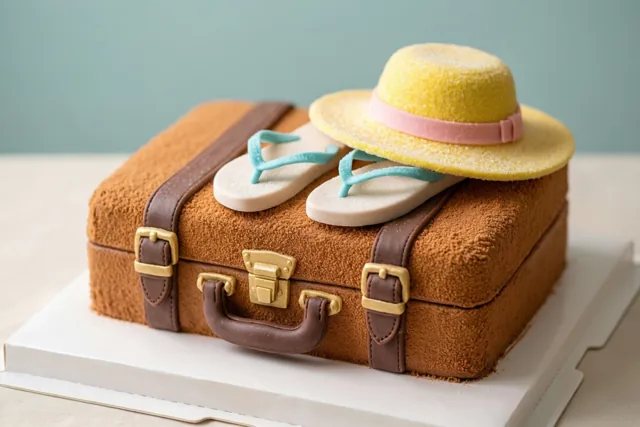 Een taart in de vorm van een gesloten bruine aktetas staat op een witte kartonnen onderlegger, met slippers en een zonnehoed van suiker bovenop tegen een lichtblauwe achtergrond.