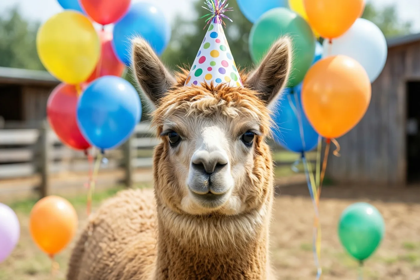 Een alpaca met een gestipt feesthoedje staat tussen kleurrijke ballonnen op een boerenerf, met vooral bruine, blauwe en oranje tinten.
