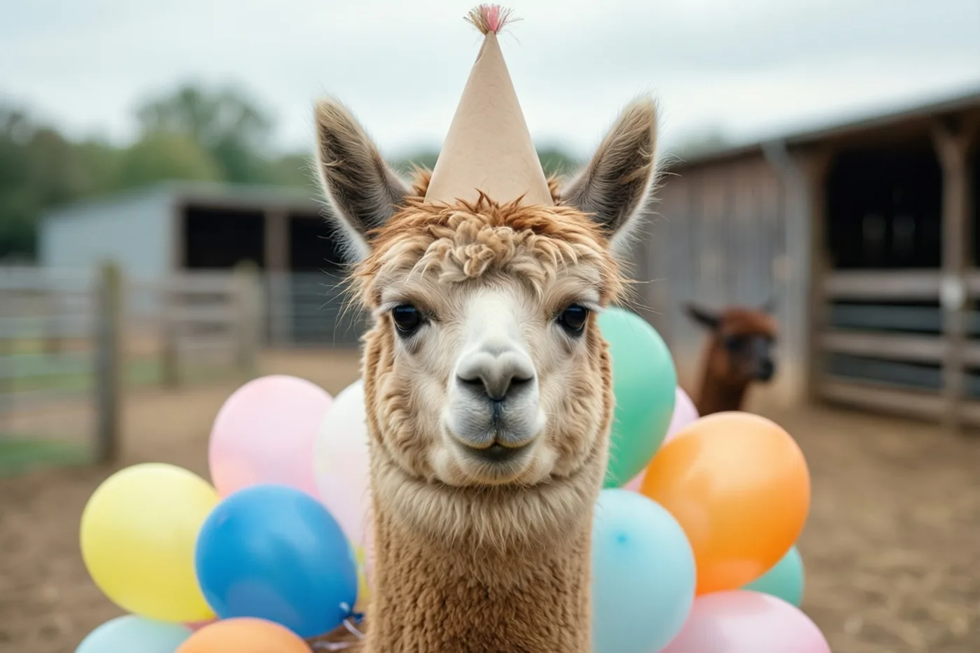 Een alpaca met een papieren feesthoedje staat tussen ballonnen in pastelkleuren en felle tinten op een boerenerf onder een bewolkte hemel.