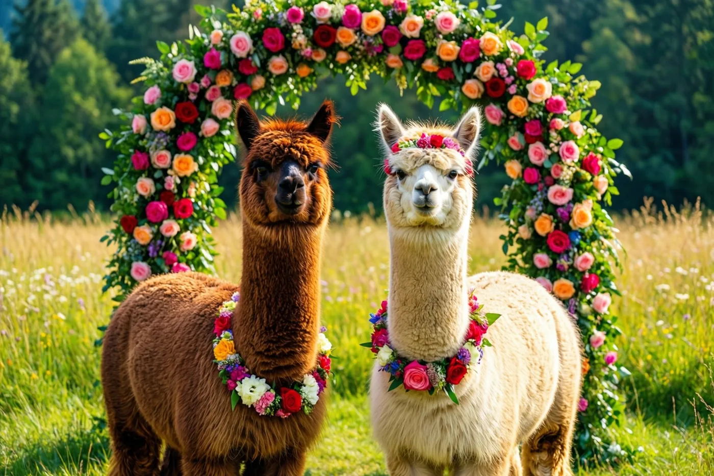 Een bruine en een crèmekleurige alpaca staan met kleurrijke bloemenslingers om hun hals in een zonnige weide voor een weelderige boog met kleurrijke rozen en groen, met bomen op de achtergrond.