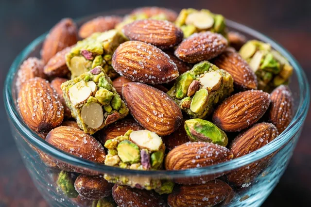 Een glazen kom met gesuikerde amandelen en stukjes pistachenoga staat tegen een donkere achtergrond.