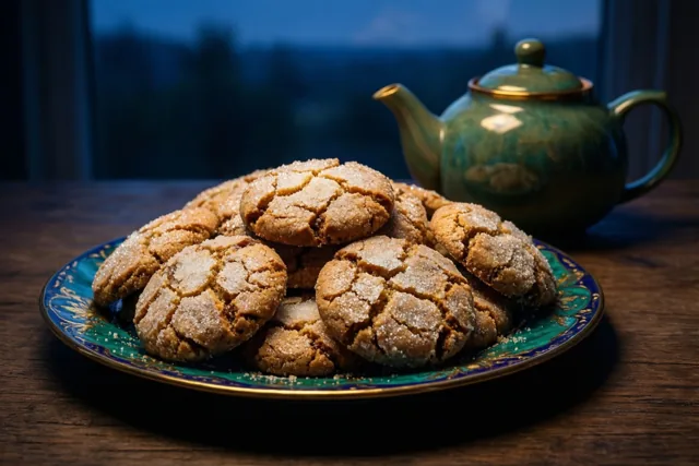 Een bord vol goudbruine amandelkoekjes met gebarsten suikerlaagjes staat naast een groene keramieken theepot op een houten tafel bij een donker raam met blauwe schemerlucht.