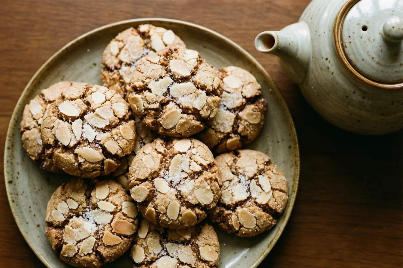 Een bord amandelkoekjes met gebarsten suikerlaagjes staat naast een keramieken theepot op een houten oppervlak in warme aardetinten.