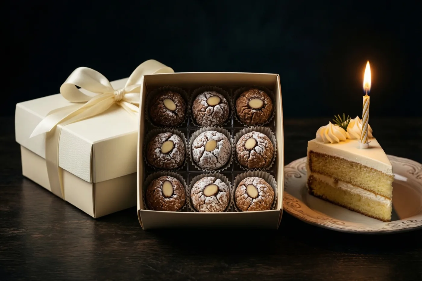 Een open doos met negen pralines met amandelen staat naast een stuk gelaagde taart met één brandend kaarsje op een sierbord, op donker hout tegen een donkere achtergrond.