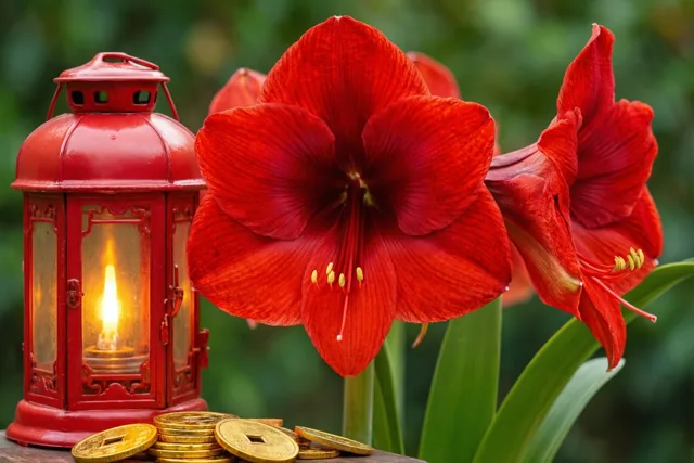 Een rode amaryllis bloeit naast een brandende rode lantaarn en een hoopje gouden munten op een houten ondergrond, tegen een zachtgroene achtergrond.