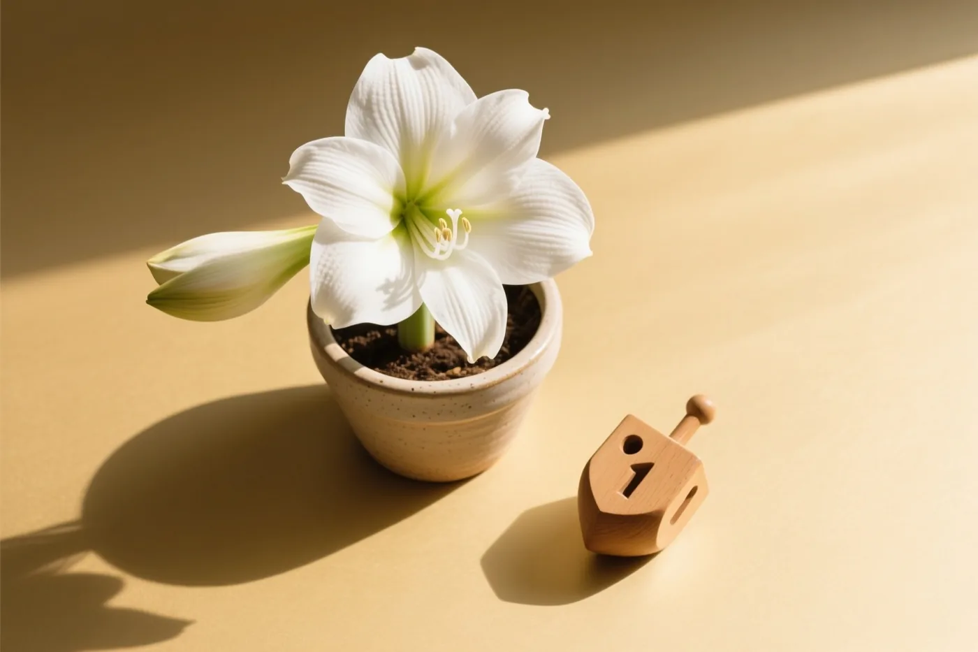 Een witte amaryllis in een keramische pot staat op een beige oppervlak naast een houten dreidel, in warm invallend zonlicht met zachte schaduwen.