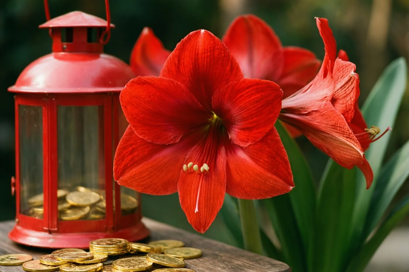 Een rode amaryllis bloeit naast een rode lantaarn gevuld met gouden munten op een houten ondergrond, tegen een zachtgroene achtergrond.