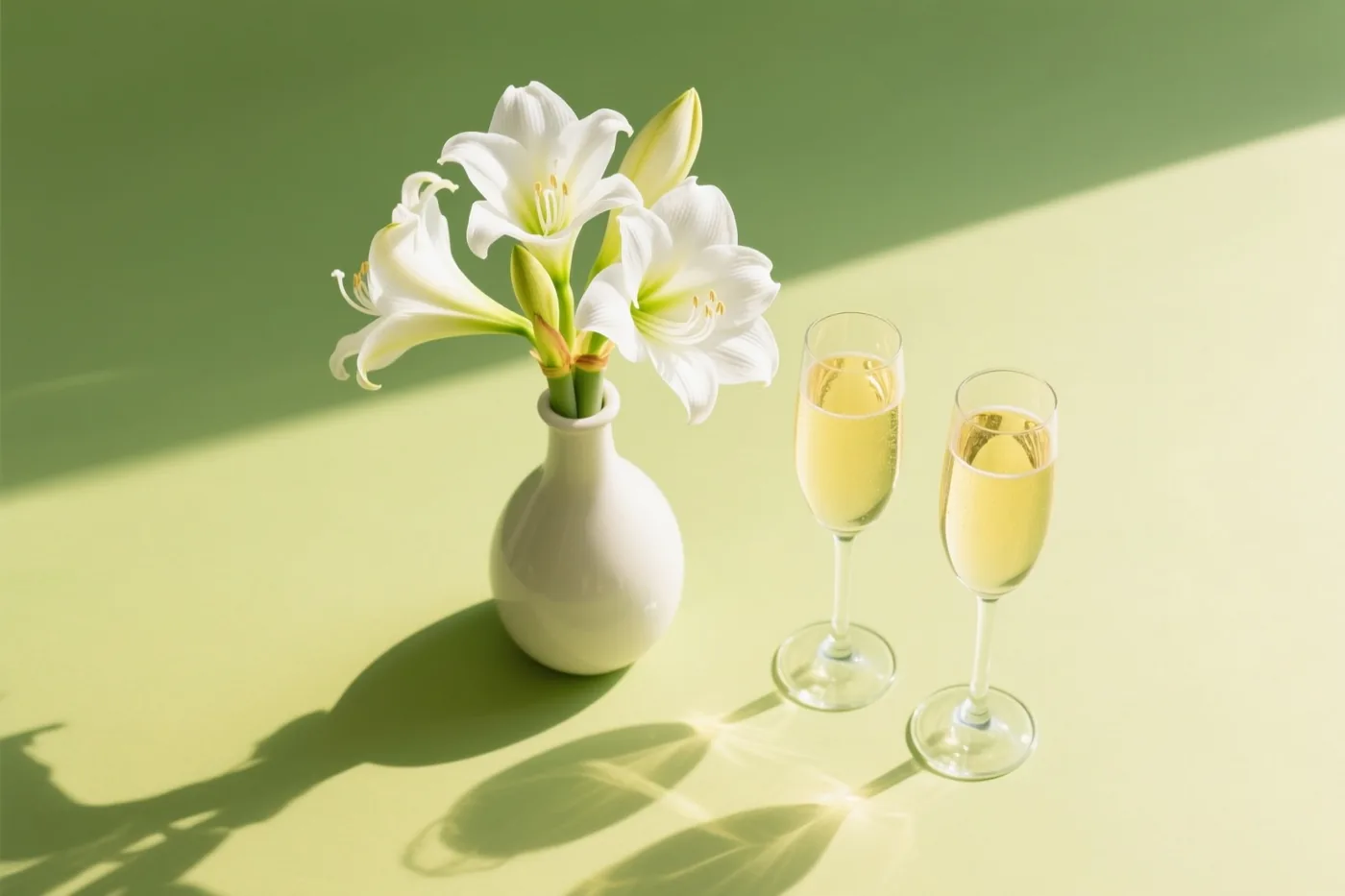 Witte amaryllissen in een witte vaas staan naast twee champagneglazen met bubbels op een lichtgroene ondergrond in warm zonlicht.
