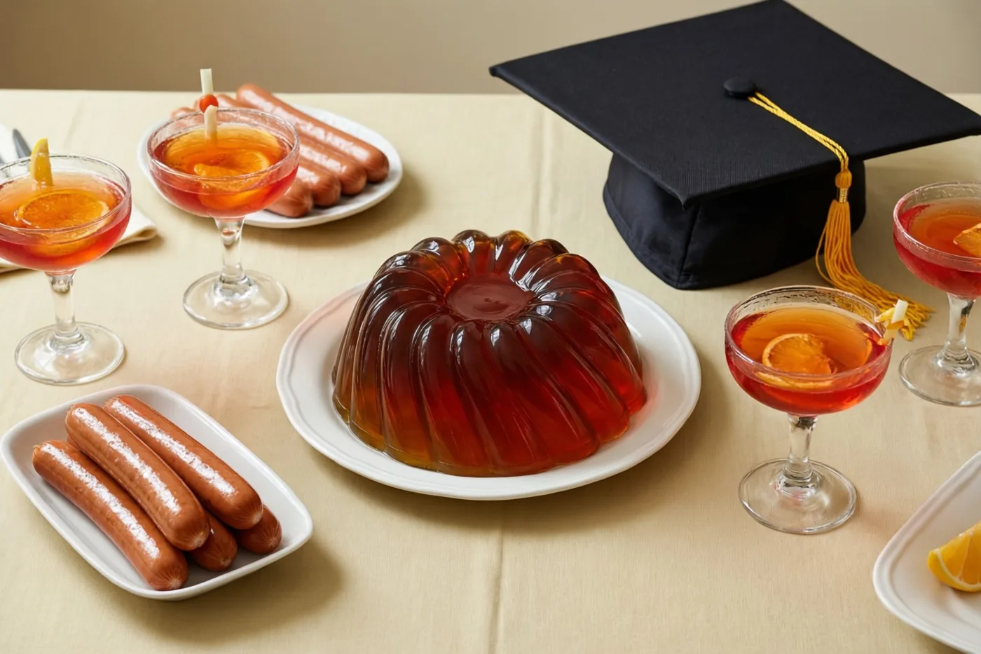 Op een warm verlichte tafel staan een grote amberkleurige geleipudding, borden met cocktailworstjes en glazen met oranjekleurige cocktails, naast een zwarte afstudeerhoed met gouden kwast.