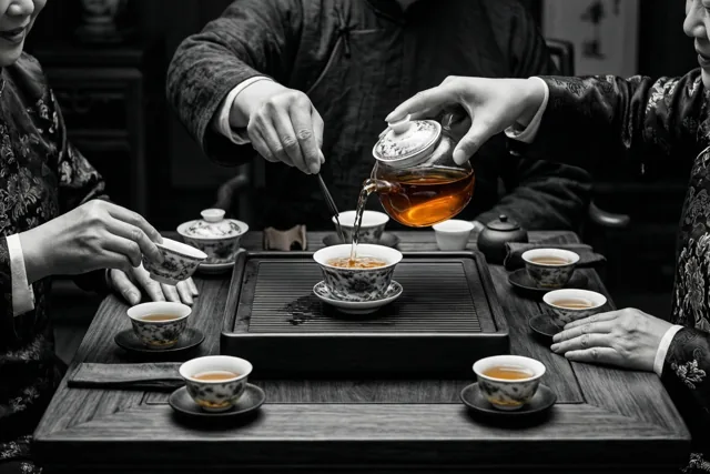 Drie mensen in traditionele kleding schenken thee uit een glazen theepot in kopjes op een lage houten tafel, op een zwart-witfoto waarin de amberkleurige thee opvalt.