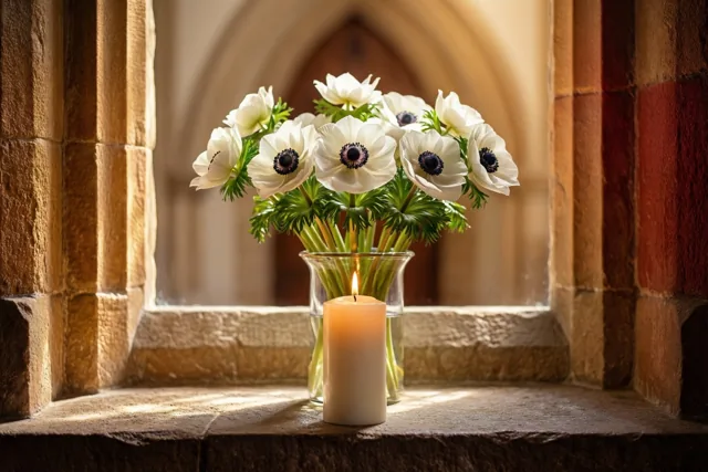 Een witte doopkaars en een vaas witte anemonen staan op een stenen kerkvensterbank in warm goudkleurig zonlicht, met onscherpe stenen bogen op de achtergrond.