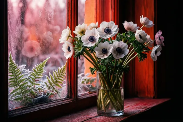 Een glazen vaas met witte anemonen staat op een houten vensterbank in warm rood licht van het raamkozijn, met berijpte varens zichtbaar op de ruit.
