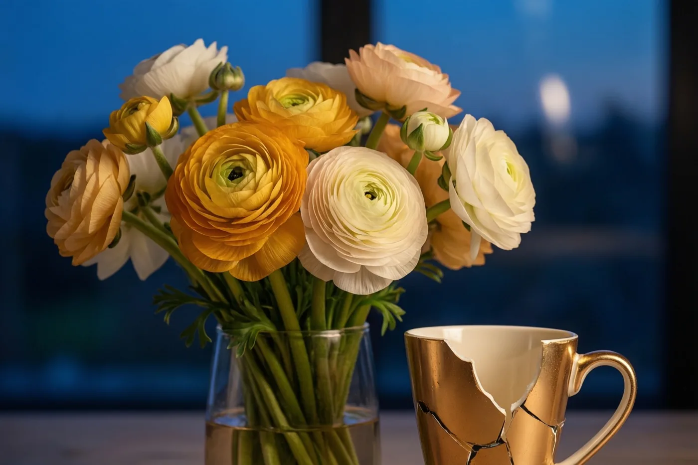 Gele en witte anemonen staan in een doorzichtige glazen vaas naast een goudkleurig kopje met een herstelde barst, tegen een wazige blauwe achtergrond.