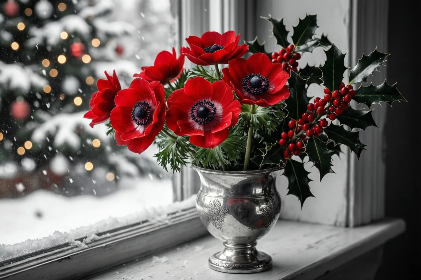 Een zilveren vaas met rode anemonen en hulst staat op een besneeuwde vensterbank, met buiten een onscherpe besneeuwde kerstboom en lichtjes.