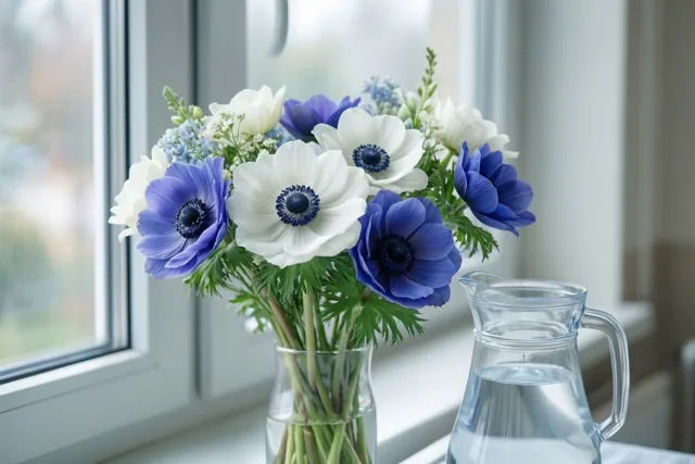 Een boeket witte en blauwe anemonen staat in een heldere glazen vaas naast een glazen waterkan op een vensterbank in zacht daglicht.