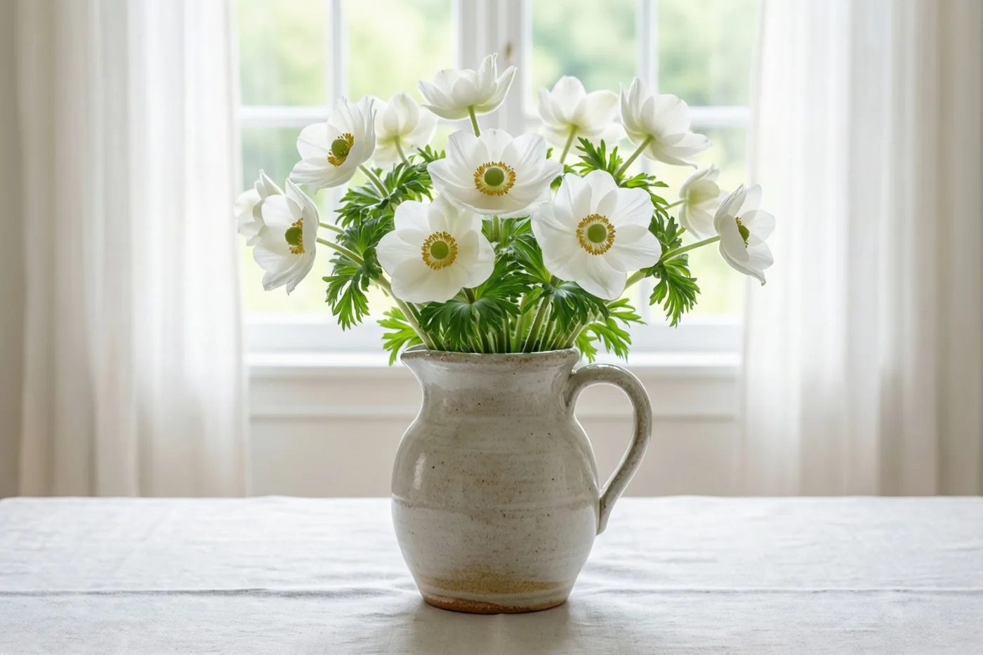 Witte anemonen in een aardewerken kan staan op een linnen tafelkleed voor een raam met doorschijnende gordijnen.