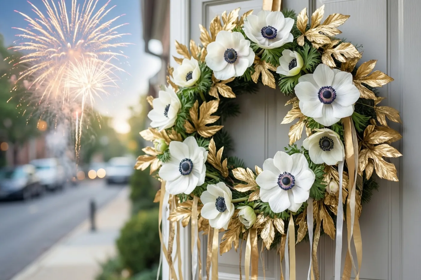 Een krans met witte anemonen en goudgeverfde bladeren hangt aan een lichte voordeur met gouden en witte serpentines eronder, terwijl wazig vuurwerk boven de straat zichtbaar is.