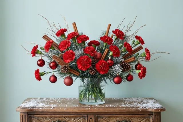 Een glazen vaas met rode anjers, kaneelstokjes, dennenappels en rode kerstballen staat op een houten dressoir met kunstsneeuw tegen een lichtblauwe muur.