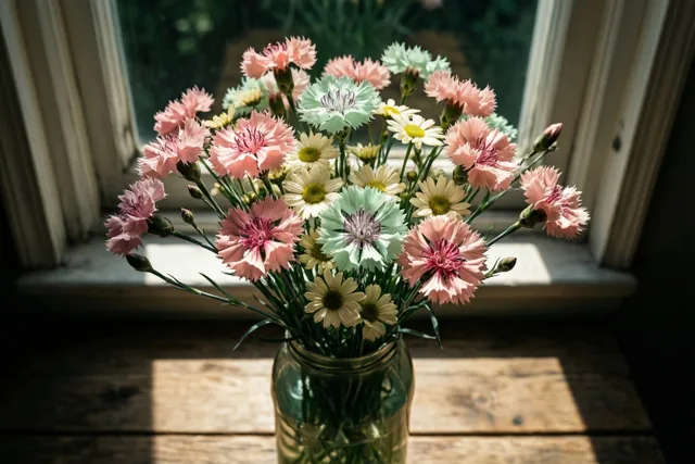 Roze anjers, lichtblauwe korenbloemen en witte margrieten staan in een glazen pot op een houten vensterbank in het zonlicht.