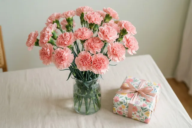 Een boeket roze anjers in een doorzichtige glazen vaas staat op een wit tafelkleed naast een geschenkdoosje in bloemenpapier met een roze lint.