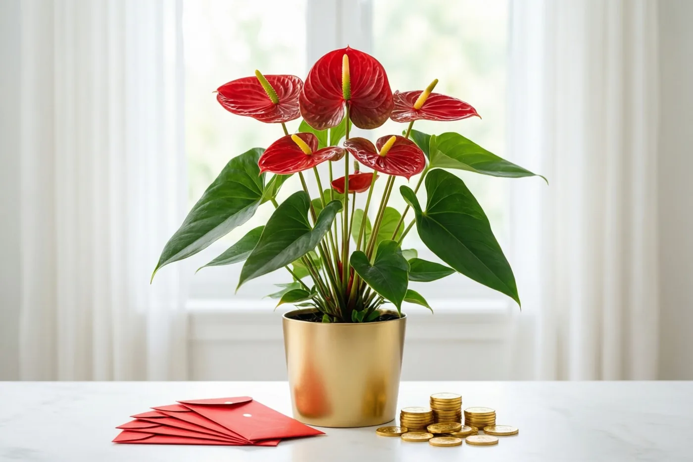 Een rode anthurium met groene bladeren staat in een pot op een witte tafel naast rode enveloppen en gouden munten, voor een helder raam met witte gordijnen.