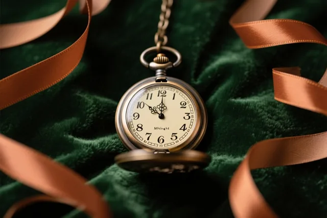 Een open antiek zakhorloge met sierlijke wijzers ligt op donkergroen fluweel tussen golvende bruine linten.