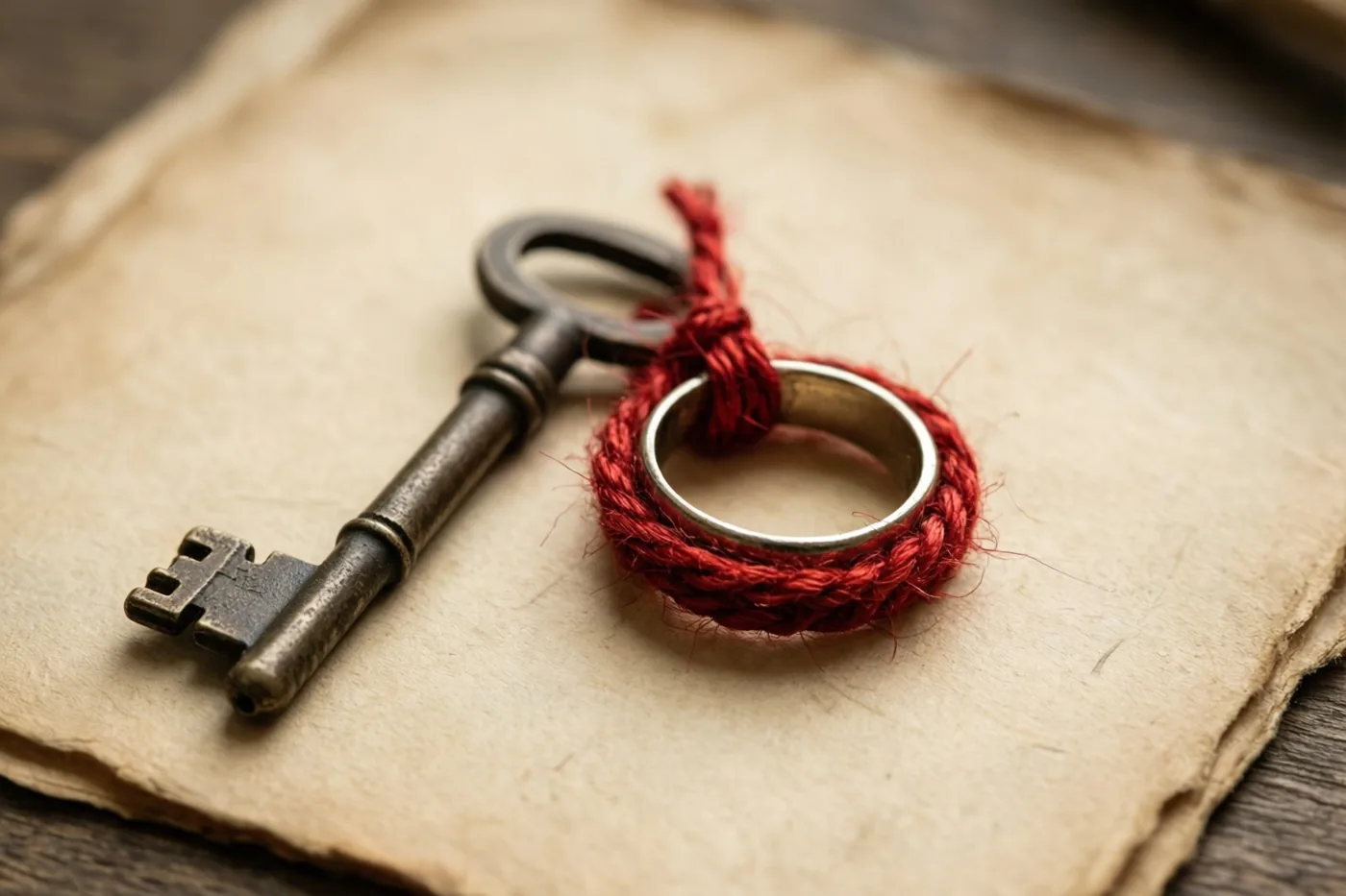 Een antieke sleutel en een zilveren ring zijn met rood touw samengebonden op oud papier met zichtbare structuur, in zacht warm licht.