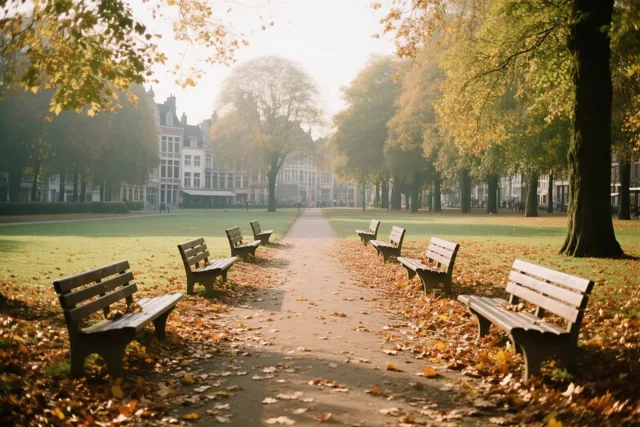 Een Antwerps parkpad vol herfstbladeren loopt langs lege houten banken en herfstbomen, met historische gebouwen op de achtergrond in gouden licht.