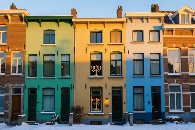 Een rij groene, gele en blauwe Antwerpse rijhuizen staat in de sneeuw in laat namiddaglicht, met een gouden kandelaar in een raam in het midden.