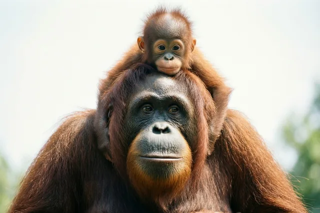 Een orang-oetanmoeder en haar jong boven op haar hoofd kijken naar voren tegen een lichte, wazige achtergrond.
