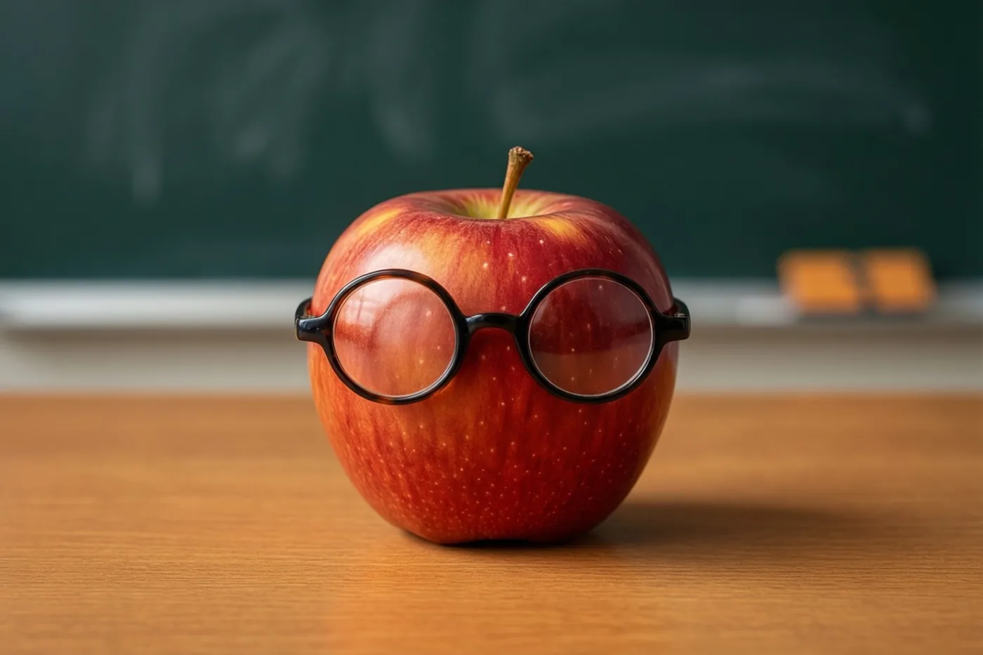 Een rode appel met een ronde leesbril staat op een houten bureau voor een zwart schoolbord in een warm verlicht klaslokaal.