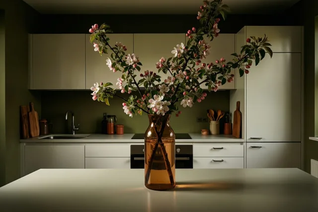 Een hoge amberkleurige kan met een tak appelbloesems staat op een wit keukenwerkblad, met witte kasten en olijfgroene muren erachter.