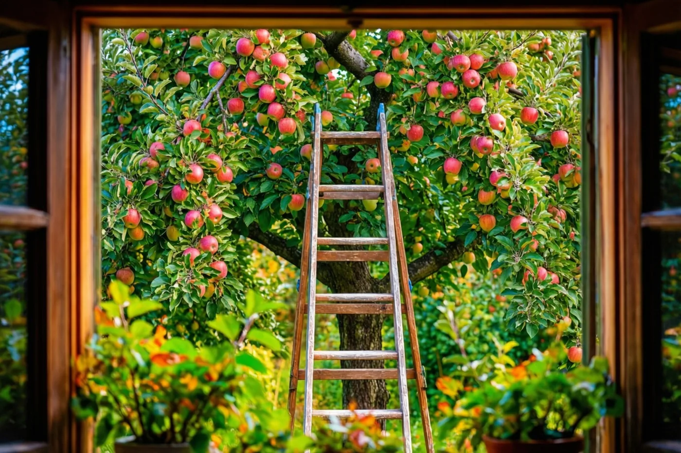 Door een houten raamkozijn is een ladder tegen een appelboom vol rijpe rode appels te zien in warm zonlicht.