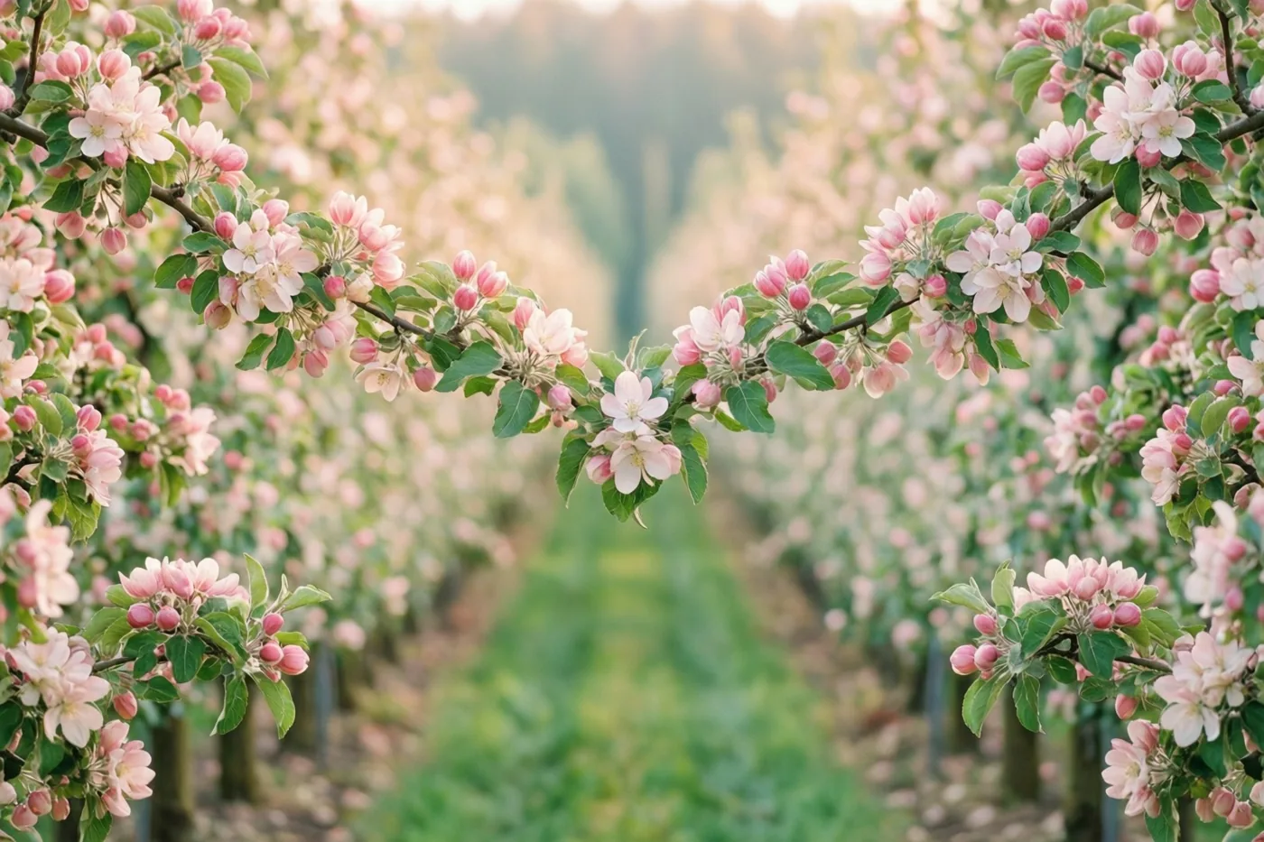 Rijen appelbomen met roze en witte bloesems en groene bladeren vormen een boomgaard in zachte pasteltinten.