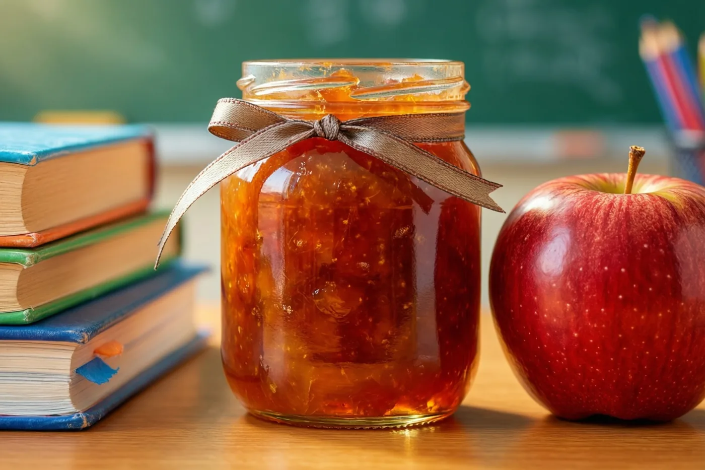 Een glazen pot huisgemaakte appelconfituur met een bruine strik staat naast een glanzende rode appel op een houten bureau, met kleurrijke schriften en een groen schoolbord erachter.